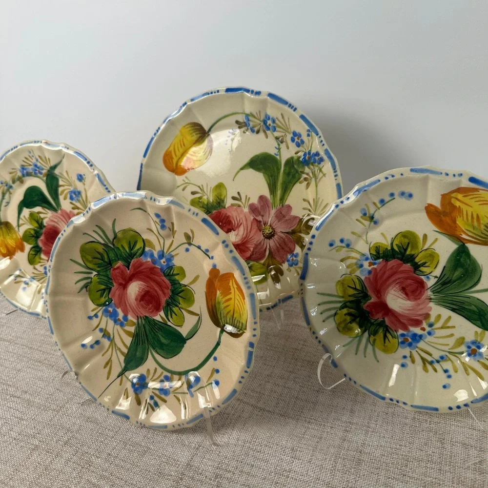 Vintage Italian Hand Painted Floral Plates | 1950s Nove Rose Style | Scalloped